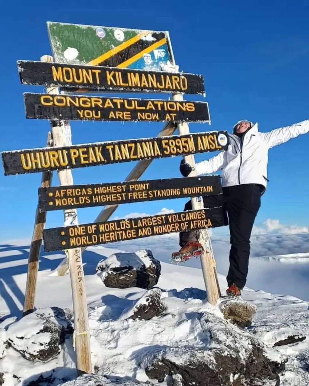 Climbers at Uhuru Peak summit sign on Mount Kilimanjaro Tanzania