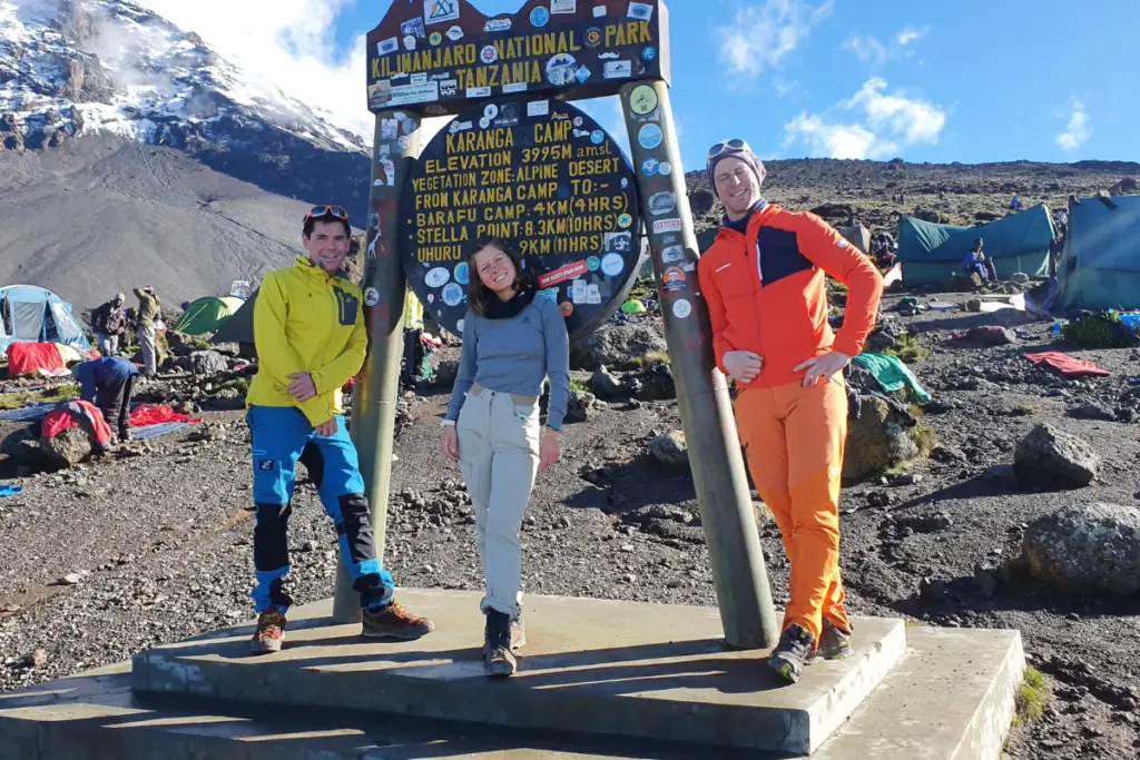 Climbers reaching the summit of Mount Kilimanjaro at Karanga Camp Tanzania