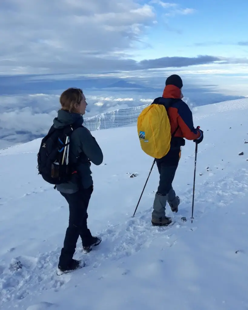 Climbers hiking to the summit of Mount Kilimanjaro in snowy conditions