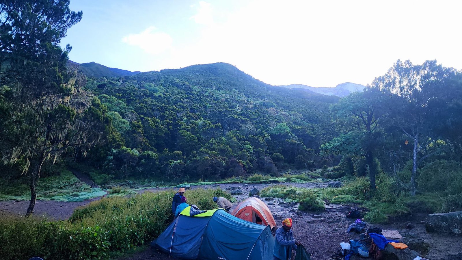 Machame Camp on Mount Kilimanjaro where climbers spend their first night in the rainforest zone