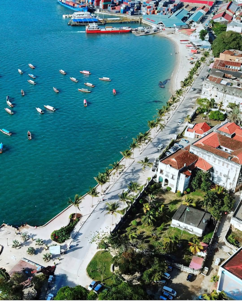 Stone Town Zanzibar aerial view with coastline and historic buildings