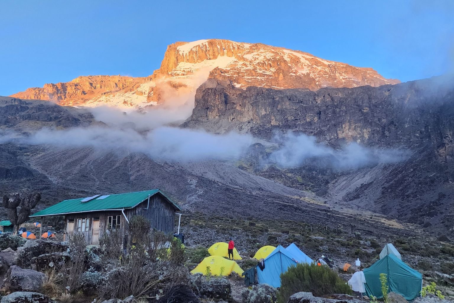 Barranco Camp on Mount Kilimanjaro with colorful tents below the Barranco Wall and dramatic mountain views