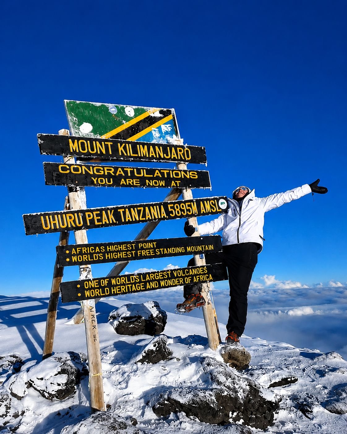 Climber celebrating at Uhuru Peak summit on Mount Kilimanjaro Tanzania