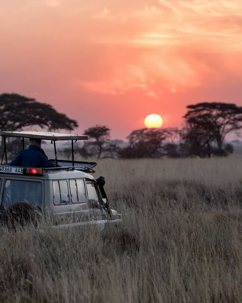 Safari vehicle at sunset during a Tanzania wildlife safari adventure