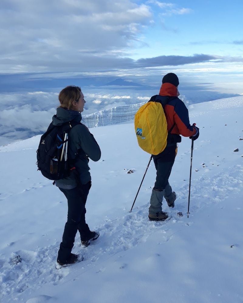 Climbers ascending Mount Kilimanjaro summit through snow on the final trek to Uhuru Peak in Tanzania