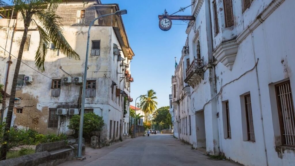 Historic street in Stone Town Zanzibar with Swahili architecture