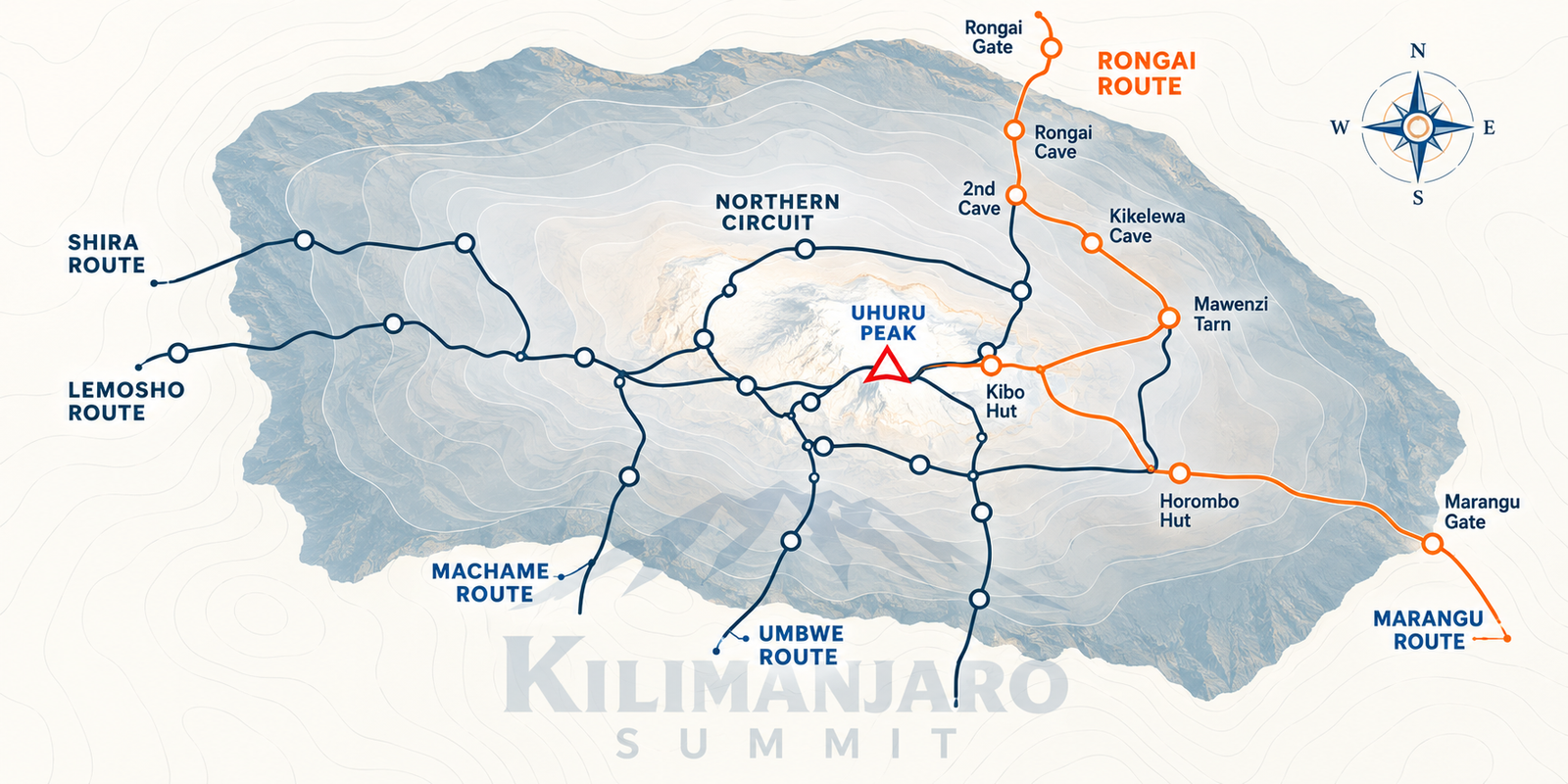 Mount Kilimanjaro route map showing climbing trails, mountain camps and summit approaches