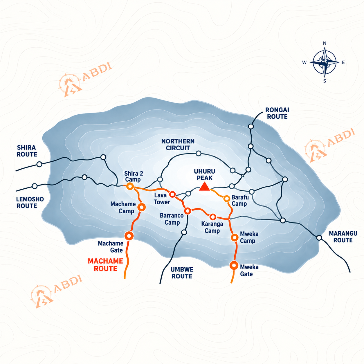 Machame Route map showing camps and Uhuru Peak on Kilimanjaro